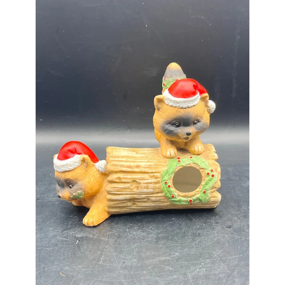 Vtg RR Roman Ceramic Raccoon Log‎ Christmas Holiday Figurine Santa Hats 5